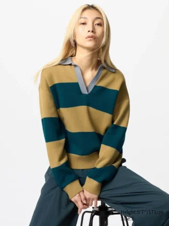 Vrouwen’s gladde katoenen relaxte Poloshirt | Gestreepte