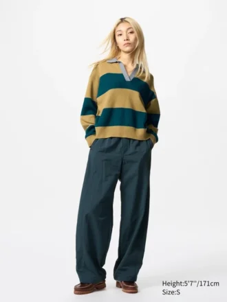 Vrouwen’s gladde katoenen relaxte Poloshirt | Gestreepte